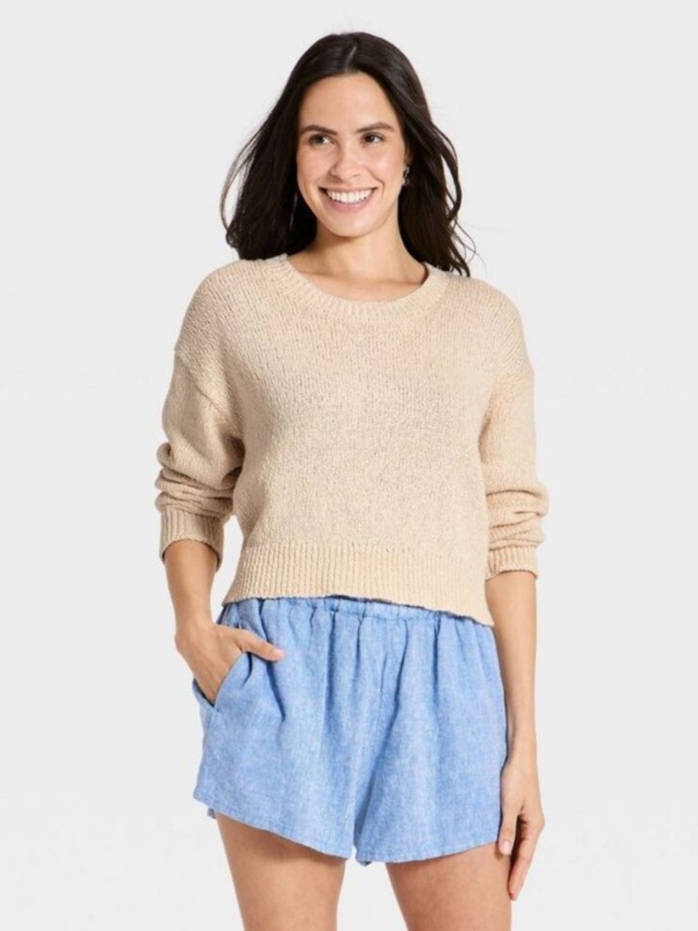Universal Thread Womens Crafted Scoop Neck Pullover Sweater Cream XS 100% Cotton